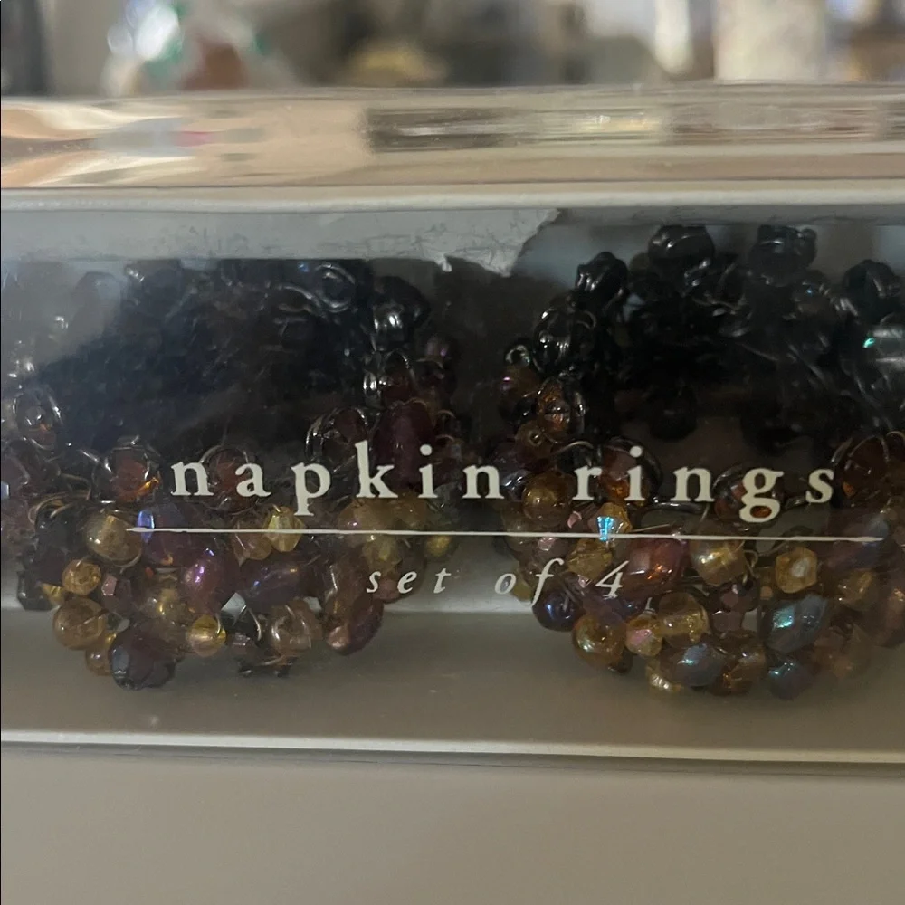 New Set of 4 Pier 1 Beaded Napkin rings Metal Amber Gold Gun Metal